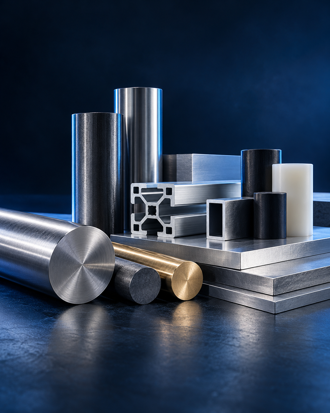 KI-generierte Darstellung von Metallstäben, Aluminiumprofilen, Messing und technischen Kunststoffen